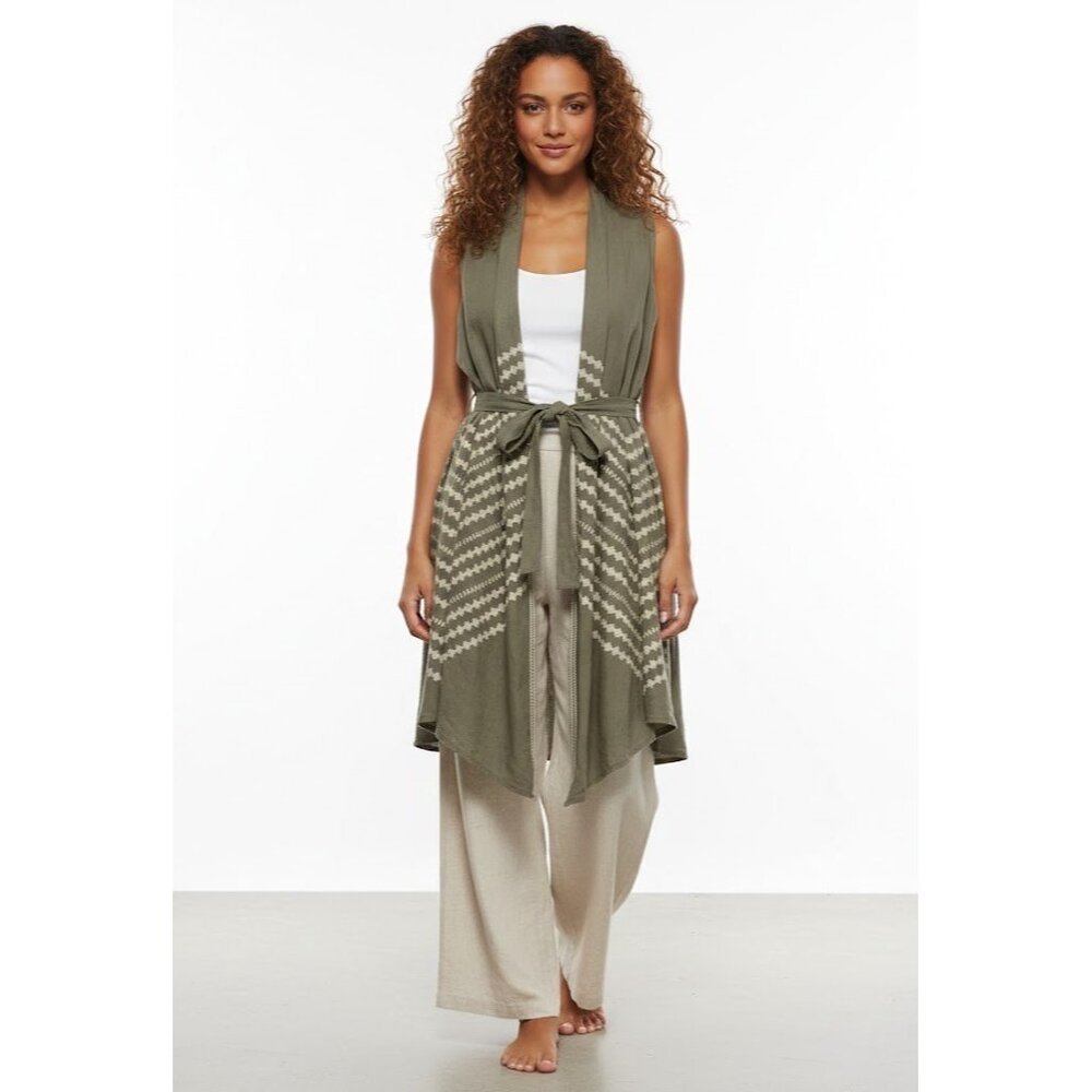 NWT JWLA Johnny Was LA Petra in Army Green Embroidered Belted Drape Linen Vest S